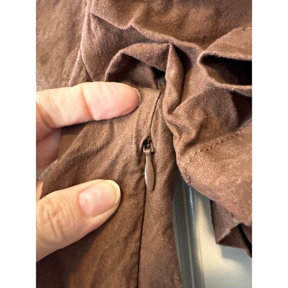 Anthropologie Maeve Puff Sleeve Brown Linen Back Cutout Mini Dress L - Picture 9 of 10